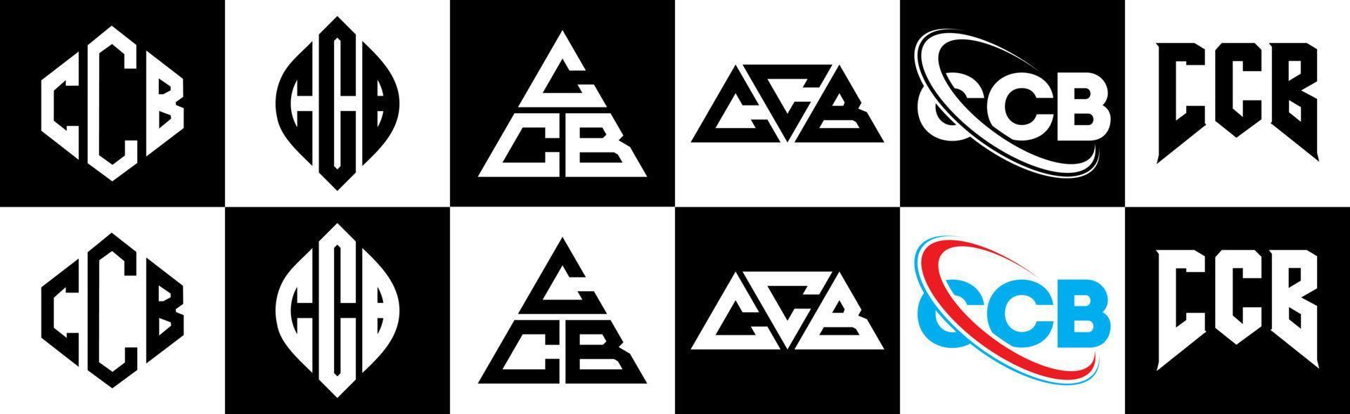 création de logo de lettre ccb en six styles. ccb polygone, cercle, triangle, hexagone, style plat et simple avec logo de lettre de variation de couleur noir et blanc dans un plan de travail. logo minimaliste et classique ccb vecteur