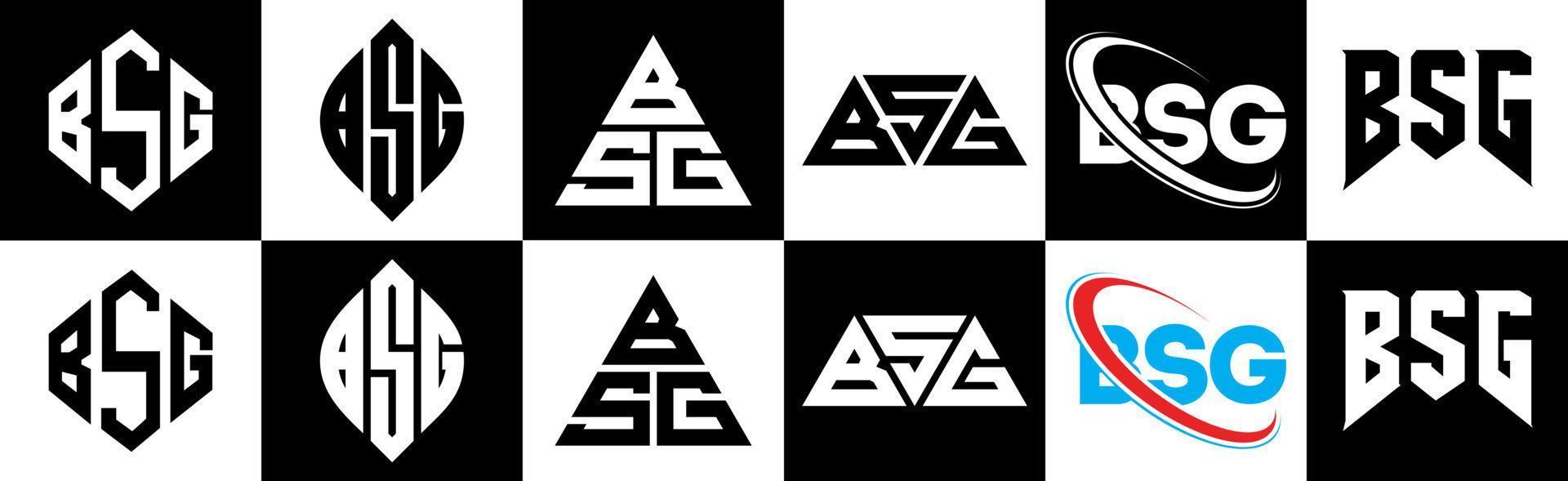 création de logo de lettre bsg en six styles. bsg polygone, cercle, triangle, hexagone, style plat et simple avec logo de lettre de variation de couleur noir et blanc dans un plan de travail. logo bsg minimaliste et classique vecteur