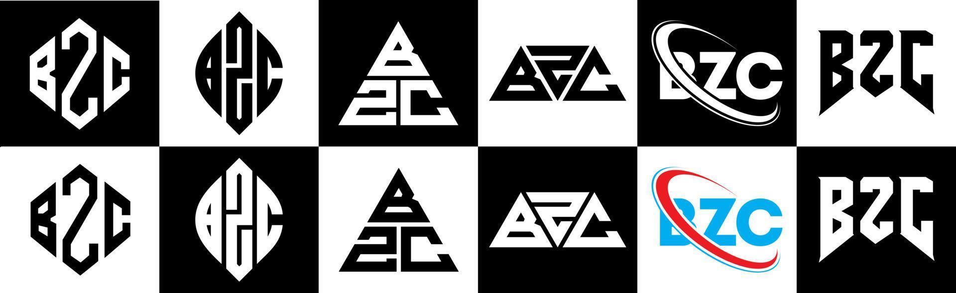 création de logo de lettre bzc en six styles. bzc polygone, cercle, triangle, hexagone, style plat et simple avec logo de lettre de variation de couleur noir et blanc dans un plan de travail. logo bzc minimaliste et classique vecteur