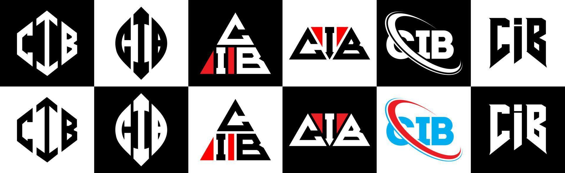 création de logo de lettre cib en six styles. cib polygone, cercle, triangle, hexagone, style plat et simple avec logo de lettre de variation de couleur noir et blanc dans un plan de travail. logo cib minimaliste et classique vecteur