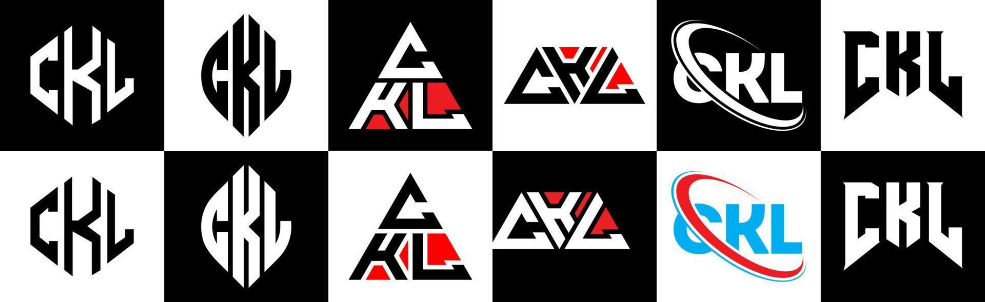 création de logo de lettre ckl en six styles. ckl polygone, cercle, triangle, hexagone, style plat et simple avec logo de lettre de variation de couleur noir et blanc dans un plan de travail. ckl logo minimaliste et classique vecteur