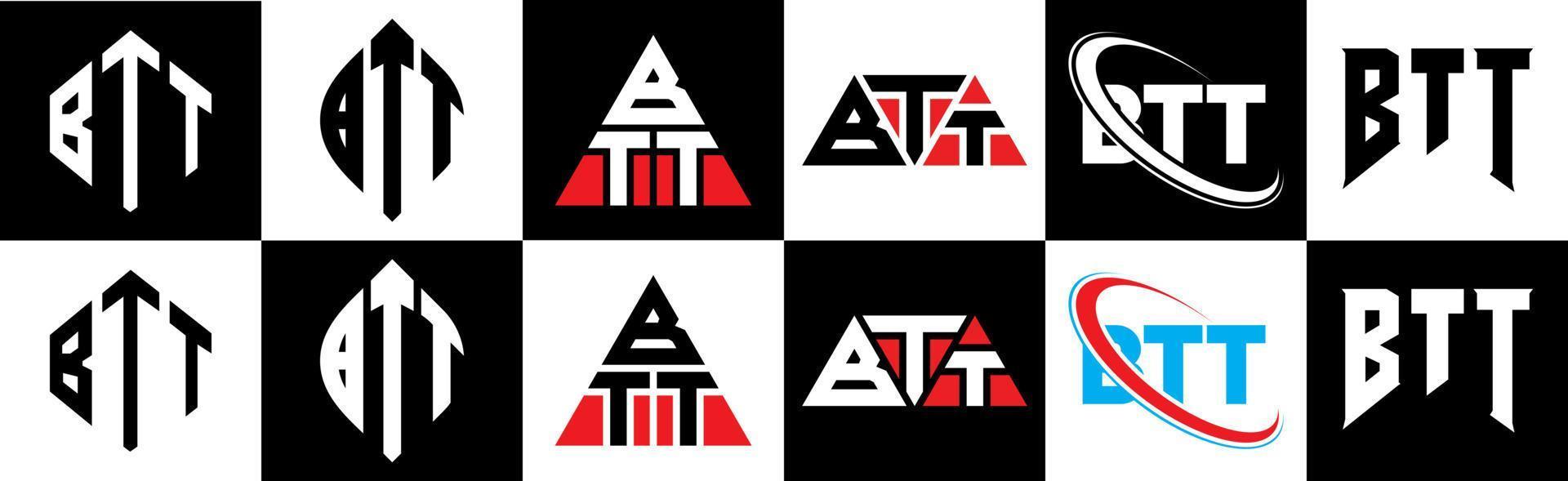 création de logo de lettre btt en six styles. polygone btt, cercle, triangle, hexagone, style plat et simple avec logo de lettre de variation de couleur noir et blanc dans un plan de travail. btt logo minimaliste et classique vecteur