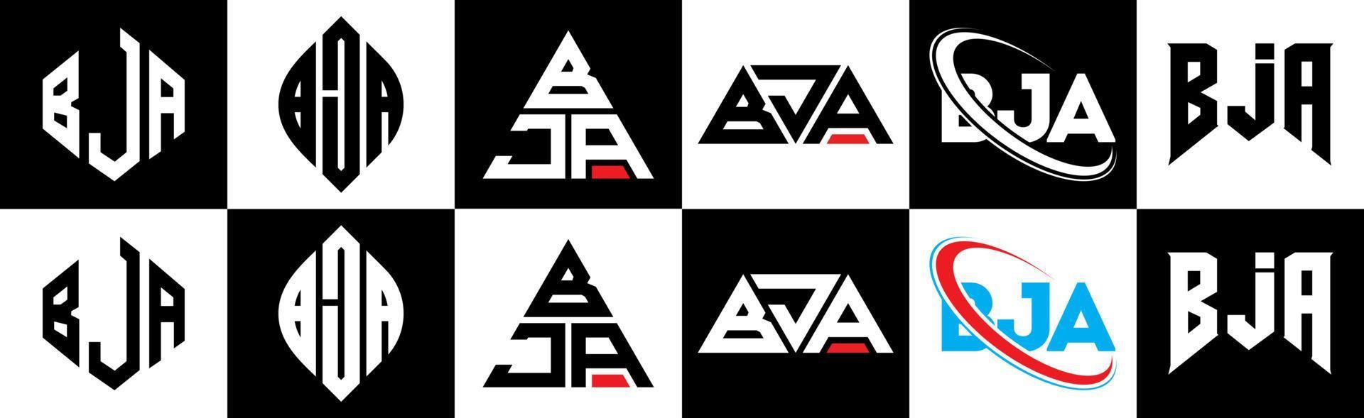 création de logo de lettre bja en six styles. polygone bja, cercle, triangle, hexagone, style plat et simple avec logo de lettre de variation de couleur noir et blanc dans un plan de travail. bja logo minimaliste et classique vecteur