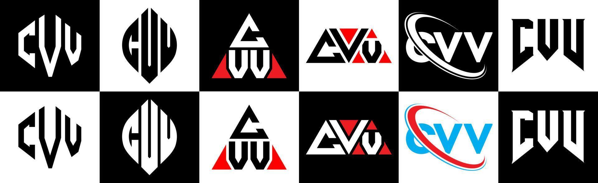 création de logo de lettre cvv en six styles. cvv polygone, cercle, triangle, hexagone, style plat et simple avec logo de lettre de variation de couleur noir et blanc dans un plan de travail. cvv logo minimaliste et classique vecteur