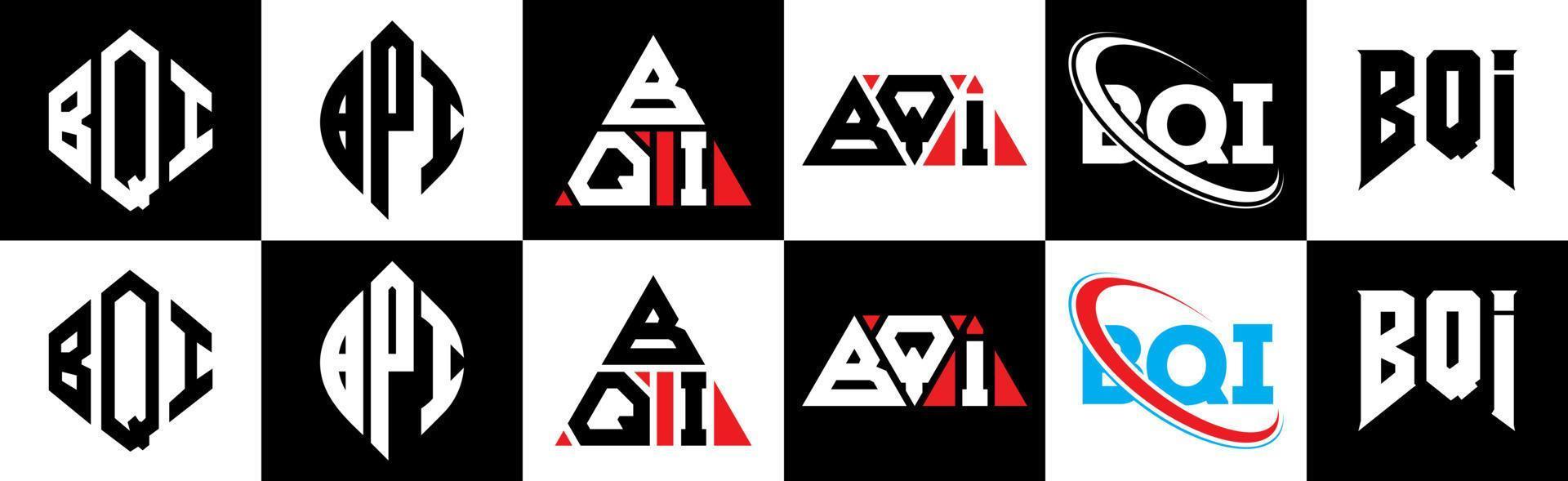 création de logo de lettre bqi en six styles. polygone bqi, cercle, triangle, hexagone, style plat et simple avec logo de lettre de variation de couleur noir et blanc dans un plan de travail. logo bqi minimaliste et classique vecteur