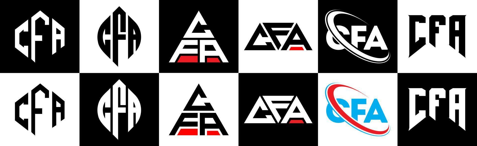 création de logo de lettre cfa en six styles. cfa polygone, cercle, triangle, hexagone, style plat et simple avec logo de lettre de variation de couleur noir et blanc dans un plan de travail. cfa logo minimaliste et classique vecteur