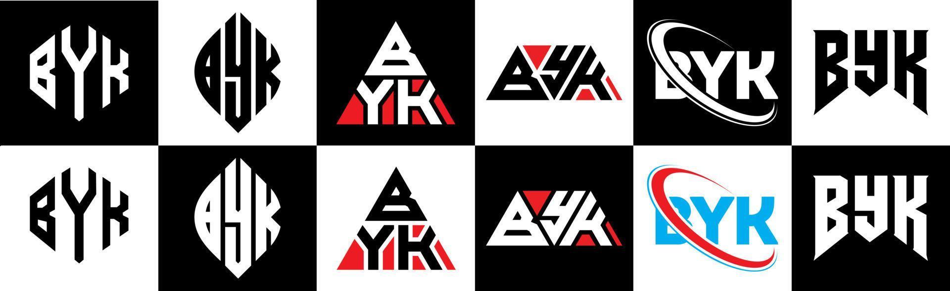 création de logo de lettre byk en six styles. byk polygone, cercle, triangle, hexagone, style plat et simple avec logo de lettre de variation de couleur noir et blanc dans un plan de travail. byk logo minimaliste et classique vecteur