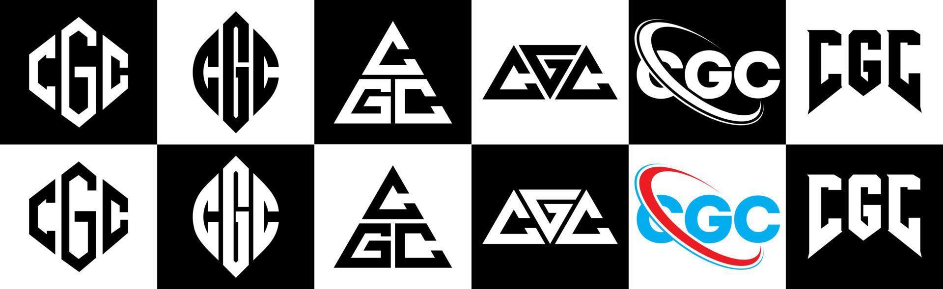 création de logo de lettre cgc en six styles. cgc polygone, cercle, triangle, hexagone, style plat et simple avec logo de lettre de variation de couleur noir et blanc dans un plan de travail. logo cgc minimaliste et classique vecteur