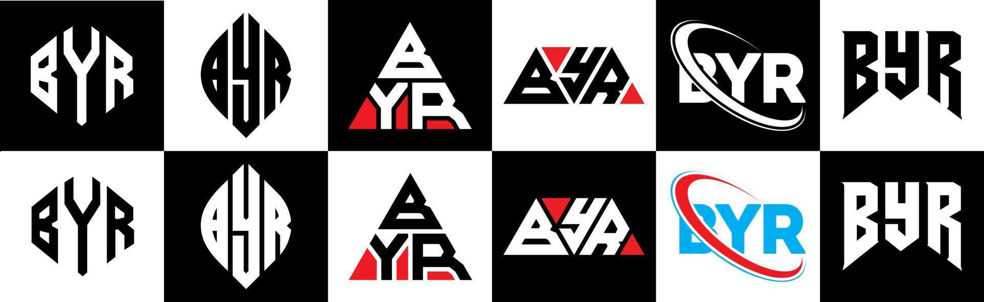 création de logo de lettre byr en six styles. byr polygone, cercle, triangle, hexagone, style plat et simple avec logo de lettre de variation de couleur noir et blanc dans un plan de travail. byr logo minimaliste et classique vecteur