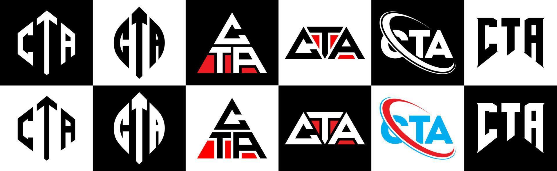 création de logo de lettre cta en six styles. cta polygone, cercle, triangle, hexagone, style plat et simple avec logo de lettre de variation de couleur noir et blanc dans un plan de travail. cta logo minimaliste et classique vecteur
