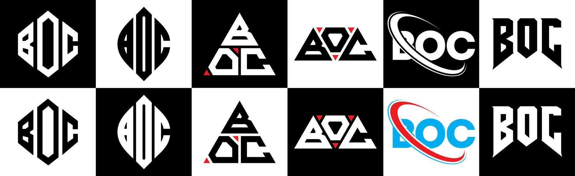 création de logo de lettre boc en six styles. boc polygone, cercle, triangle, hexagone, style plat et simple avec logo de lettre de variation de couleur noir et blanc dans un plan de travail. boc logo minimaliste et classique vecteur
