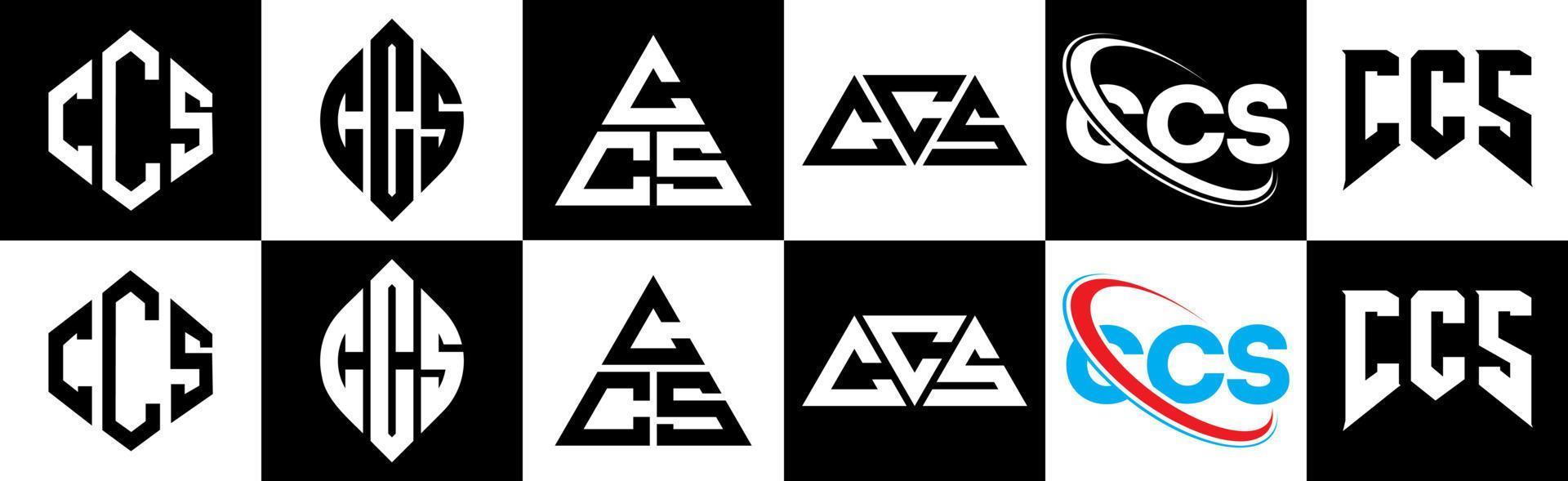 création de logo de lettre ccs en six styles. ccs polygone, cercle, triangle, hexagone, style plat et simple avec logo de lettre de variation de couleur noir et blanc dans un plan de travail. logo ccs minimaliste et classique vecteur