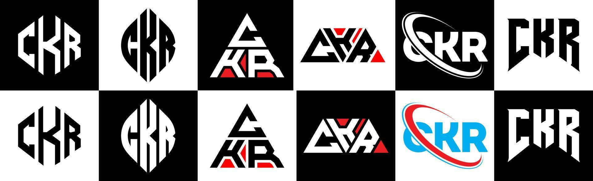 création de logo de lettre ckr en six styles. ckr polygone, cercle, triangle, hexagone, style plat et simple avec logo de lettre de variation de couleur noir et blanc dans un plan de travail. logo minimaliste et classique ckr vecteur