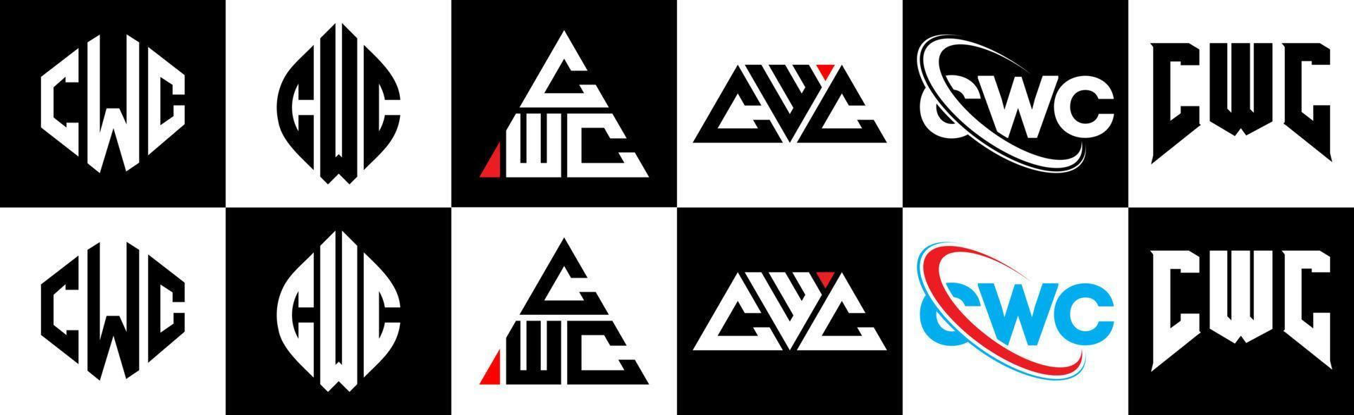 création de logo de lettre cwc en six styles. cwc polygone, cercle, triangle, hexagone, style plat et simple avec logo de lettre de variation de couleur noir et blanc dans un plan de travail. cwc logo minimaliste et classique vecteur