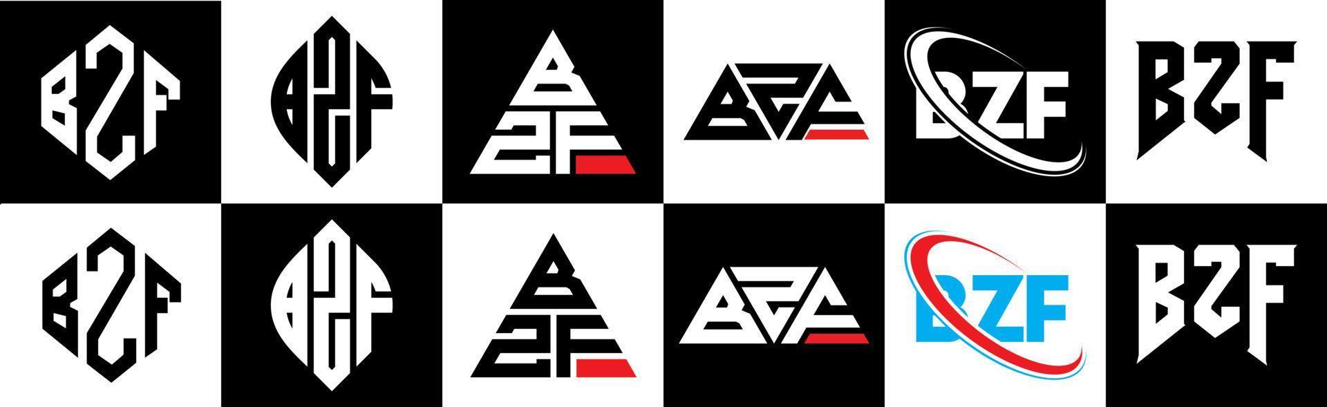 création de logo de lettre bzf en six styles. polygone bzf, cercle, triangle, hexagone, style plat et simple avec logo de lettre de variation de couleur noir et blanc dans un plan de travail. logo bzf minimaliste et classique vecteur