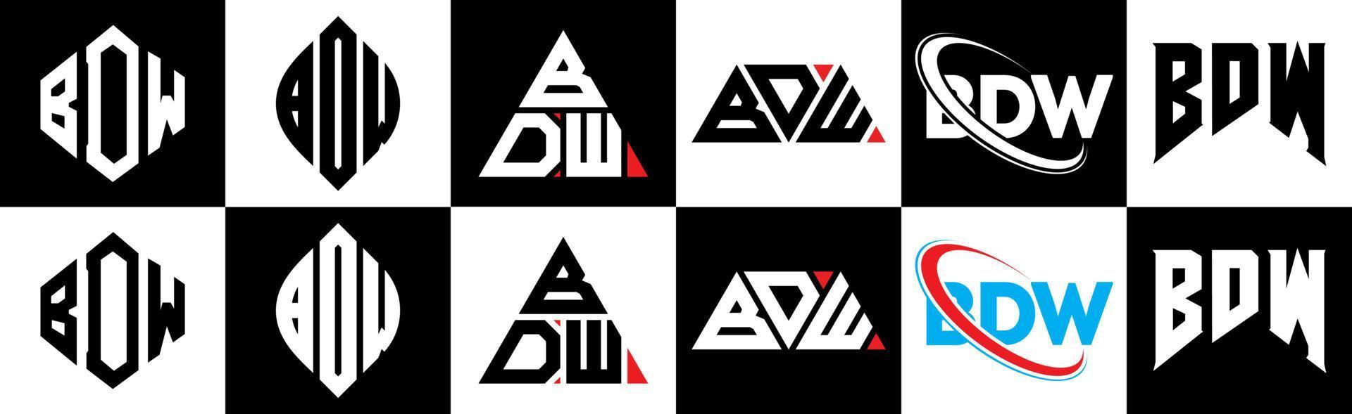 création de logo de lettre bdw en six styles. polygone bdw, cercle, triangle, hexagone, style plat et simple avec logo de lettre de variation de couleur noir et blanc dans un plan de travail. logo bdw minimaliste et classique vecteur