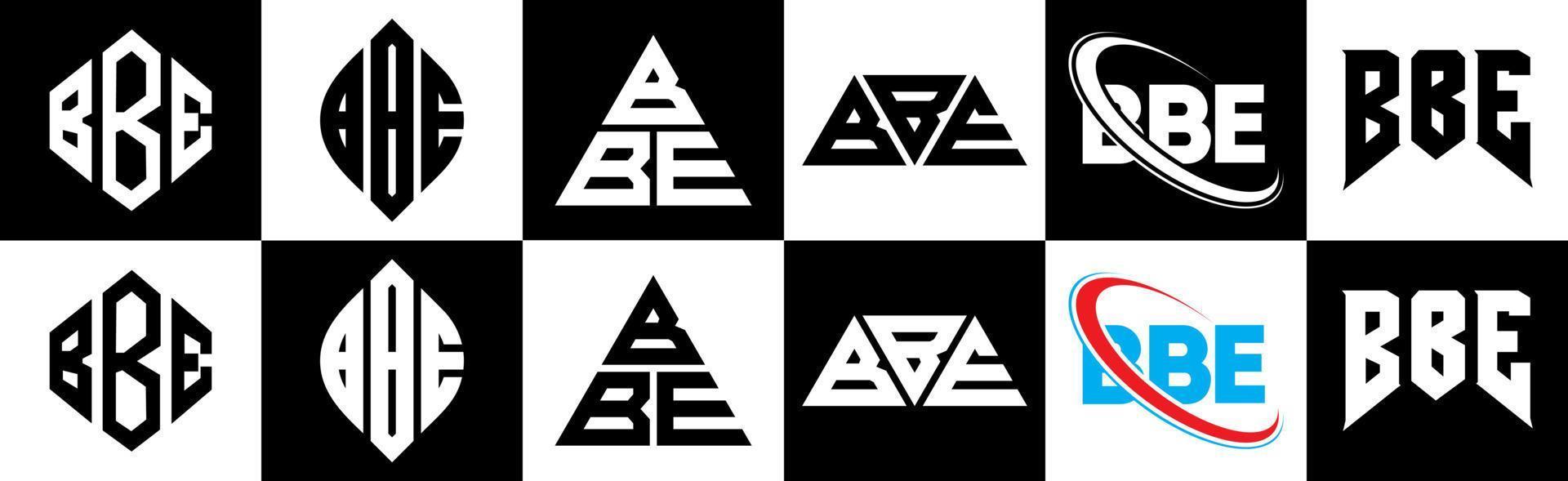 création de logo de lettre bbe en six styles. bbe polygone, cercle, triangle, hexagone, style plat et simple avec logo de lettre de variation de couleur noir et blanc dans un plan de travail. logo bbe minimaliste et classique vecteur