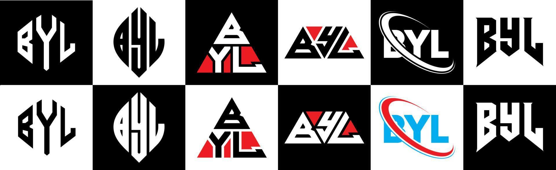 création de logo de lettre byl en six styles. byl polygone, cercle, triangle, hexagone, style plat et simple avec logo de lettre de variation de couleur noir et blanc dans un plan de travail. byl logo minimaliste et classique vecteur