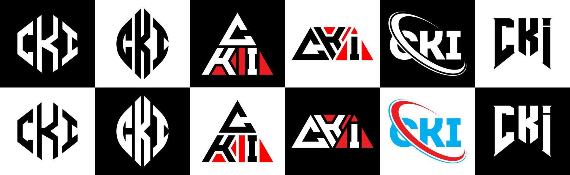 création de logo de lettre cki en six styles. cki polygone, cercle, triangle, hexagone, style plat et simple avec logo de lettre de variation de couleur noir et blanc dans un plan de travail. cki logo minimaliste et classique vecteur