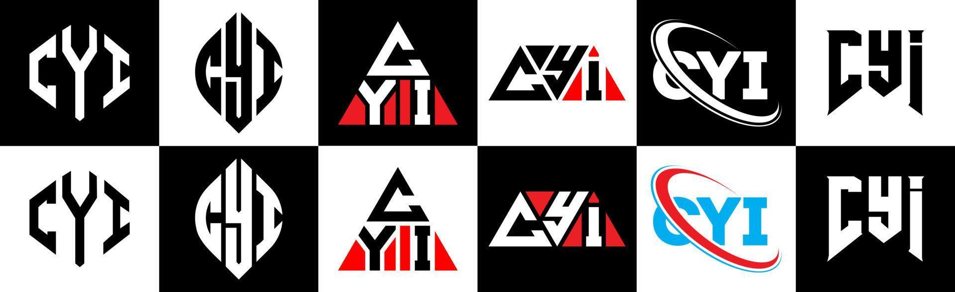 création de logo de lettre cyi en six styles. cyi polygone, cercle, triangle, hexagone, style plat et simple avec logo de lettre de variation de couleur noir et blanc dans un plan de travail. logo minimaliste et classique cyi vecteur