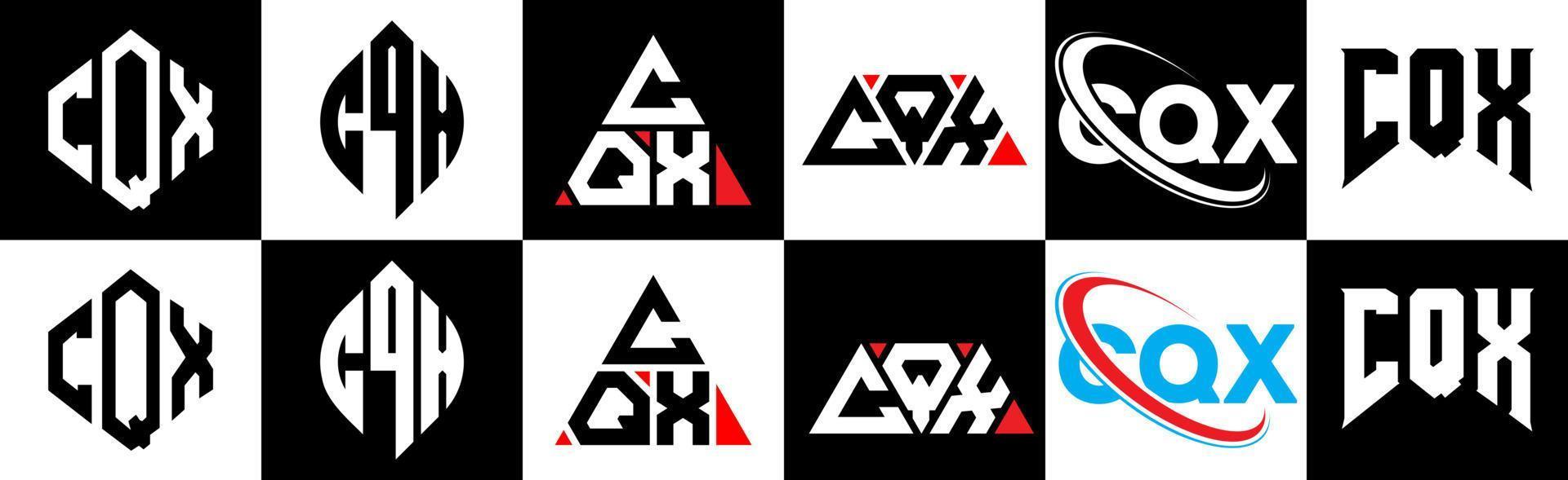 création de logo de lettre cqx en six styles. cqx polygone, cercle, triangle, hexagone, style plat et simple avec logo de lettre de variation de couleur noir et blanc dans un plan de travail. cqx logo minimaliste et classique vecteur