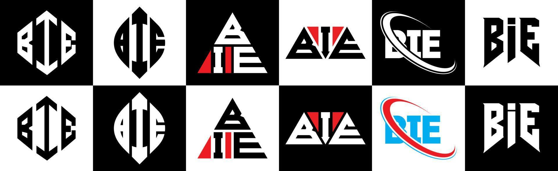 création de logo de lettre bie en six styles. bie polygone, cercle, triangle, hexagone, style plat et simple avec logo de lettre de variation de couleur noir et blanc dans un plan de travail. bie logo minimaliste et classique vecteur