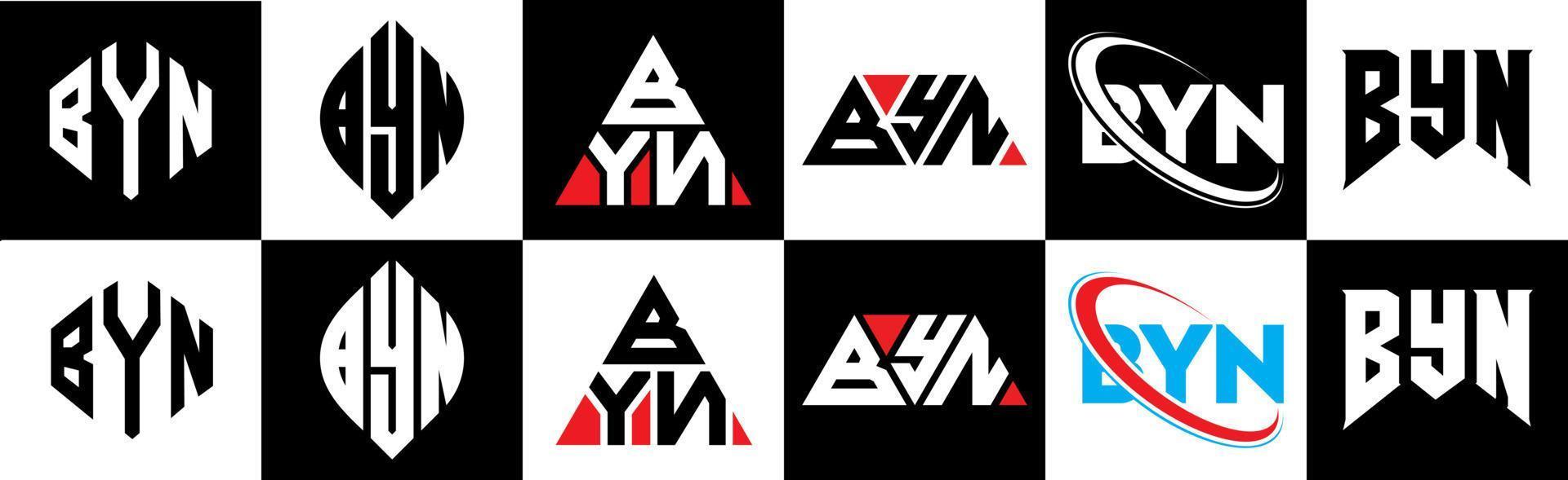 création de logo de lettre byn en six styles. byn polygone, cercle, triangle, hexagone, style plat et simple avec logo de lettre de variation de couleur noir et blanc dans un plan de travail. byn logo minimaliste et classique vecteur