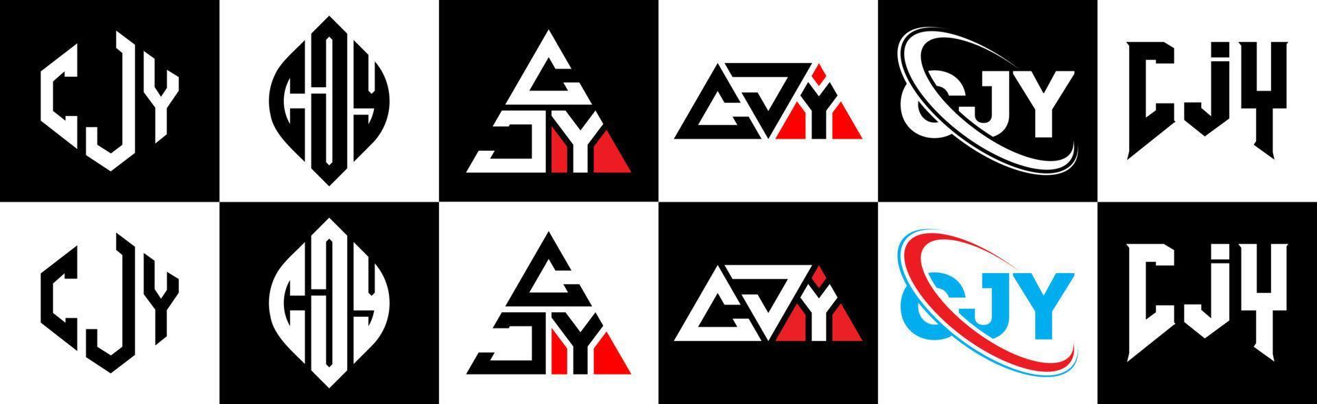 création de logo de lettre cjy en six styles. cjy polygone, cercle, triangle, hexagone, style plat et simple avec logo de lettre de variation de couleur noir et blanc dans un plan de travail. cjy logo minimaliste et classique vecteur