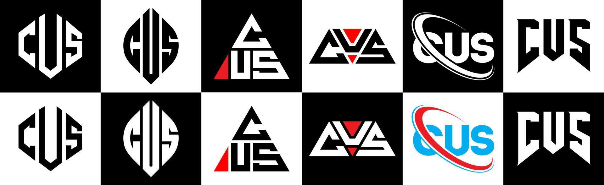 création de logo de lettre cus en six styles. cus polygone, cercle, triangle, hexagone, style plat et simple avec logo de lettre de variation de couleur noir et blanc dans un plan de travail. cus logo minimaliste et classique vecteur