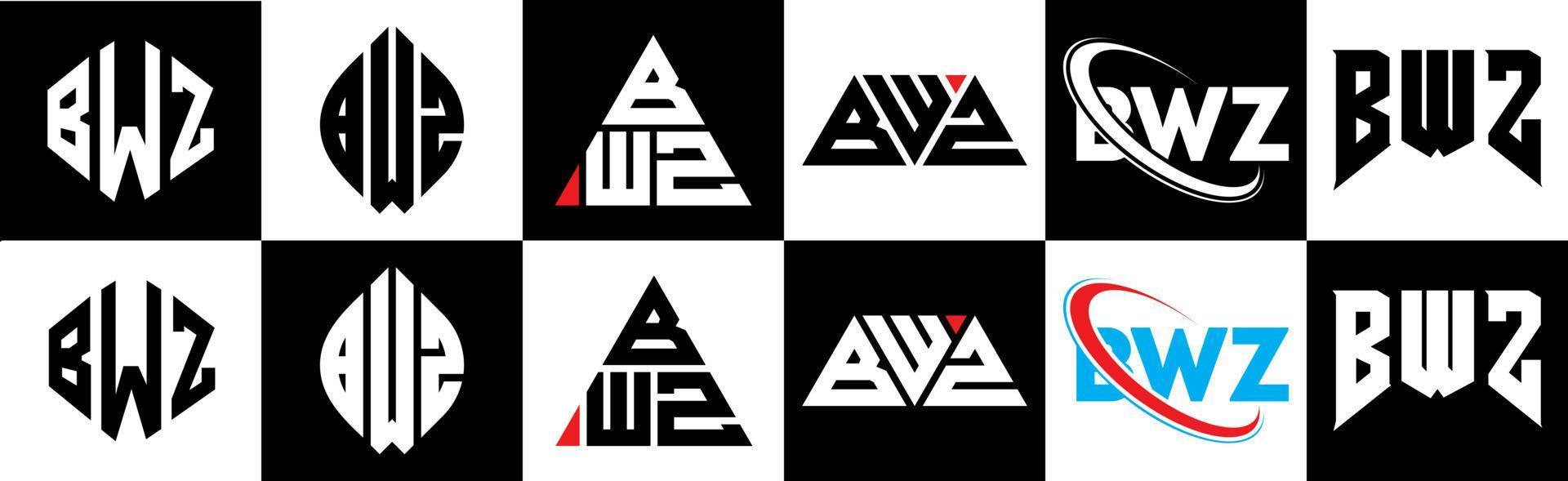 création de logo de lettre bwz en six styles. polygone bwz, cercle, triangle, hexagone, style plat et simple avec logo de lettre de variation de couleur noir et blanc dans un plan de travail. logo minimaliste et classique bwz vecteur