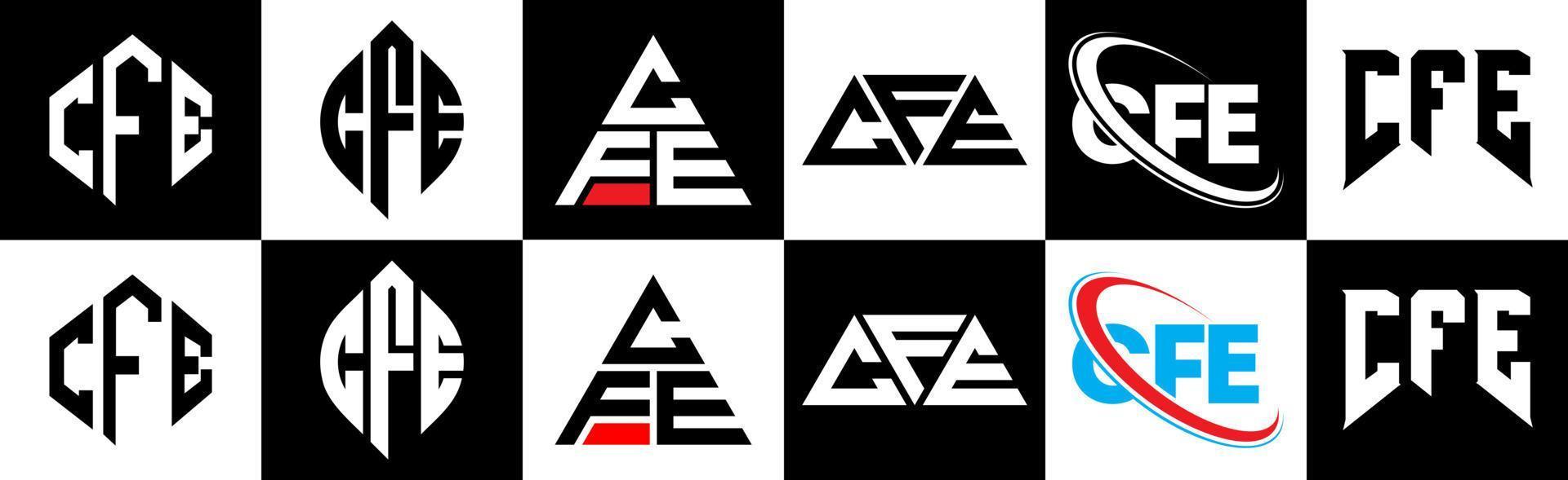 création de logo de lettre cfe en six styles. cfe polygone, cercle, triangle, hexagone, style plat et simple avec logo de lettre de variation de couleur noir et blanc dans un plan de travail. cfe logo minimaliste et classique vecteur