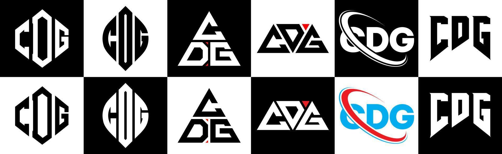 création de logo de lettre cdg en six styles. cdg polygone, cercle, triangle, hexagone, style plat et simple avec logo de lettre de variation de couleur noir et blanc dans un plan de travail. logo cdg minimaliste et classique vecteur