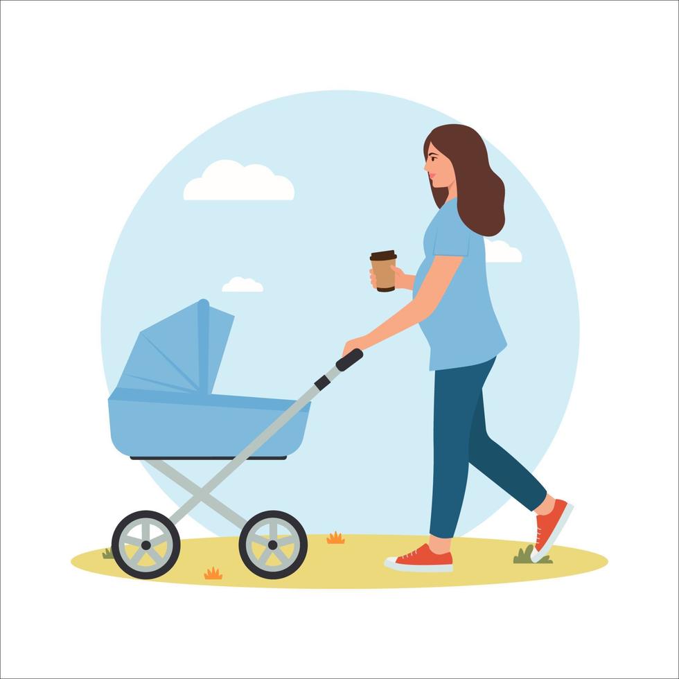 femme enceinte marchant avec une poussette de bébé. habitudes et mode de vie sains.grossesse heureuse. sport pour femme enceinte. illustration vectorielle de dessin animé plat vecteur