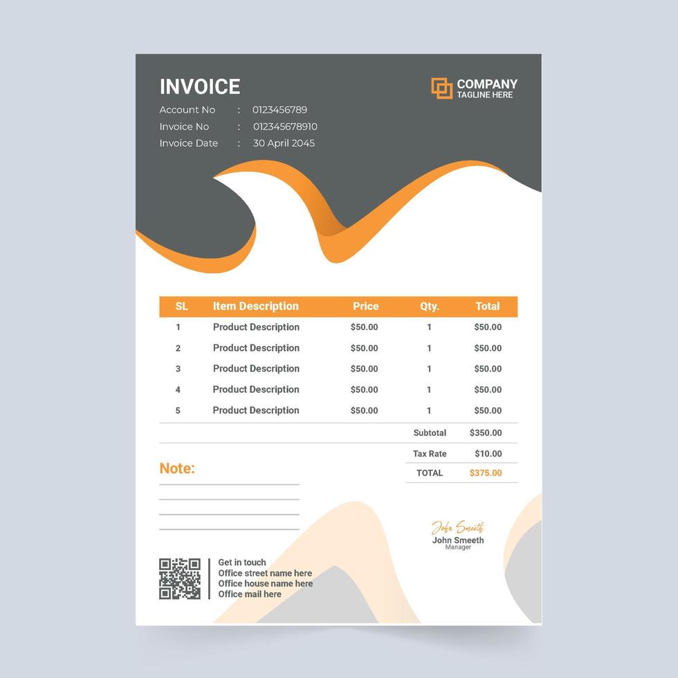 modèle de facture d'entreprise créative avec des couleurs sombres et orange. accord de paiement d'entreprise et vecteur de modèle de papier de facturation. ticket de caisse et conception de papier d'achat de produit pour les entreprises.