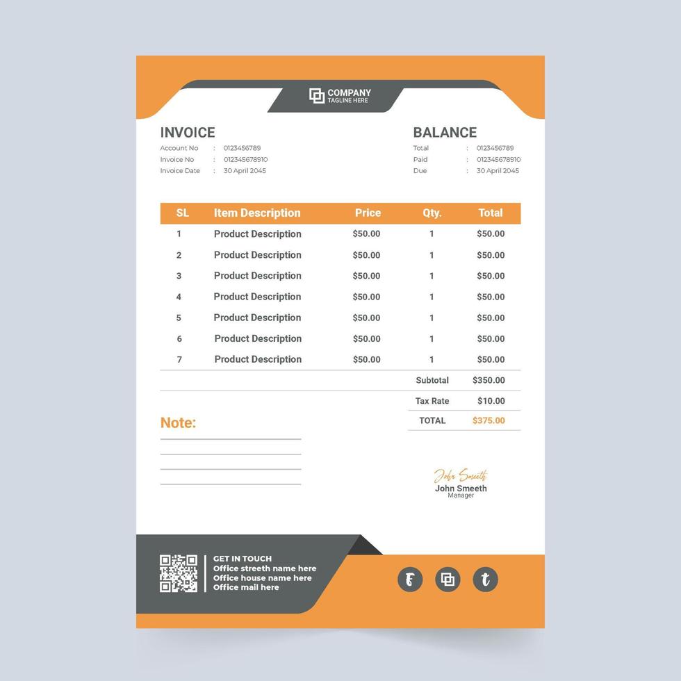 conception de bons d'affaires créatifs avec des couleurs orange et rouges. accord de paiement et décoration de modèle de facture facture avec des formes abstraites. modèle de facture d'entreprise minimal et vecteur de reçu de caisse.