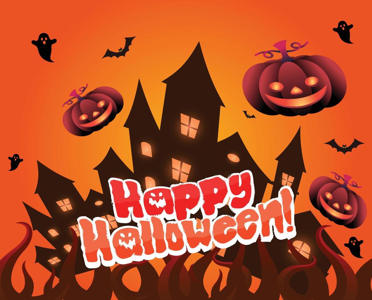 fond d'écran de nuit d'halloween orange avec maison effrayante, citrouille et fantôme vecteur