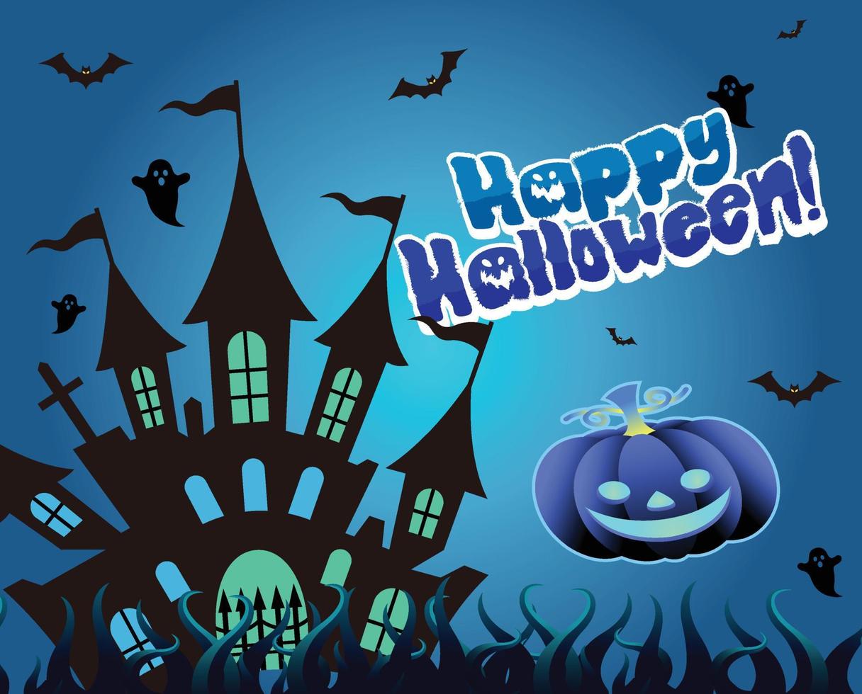 fond d'écran bleu nuit halloween avec maison effrayante, fantôme de citrouille vecteur