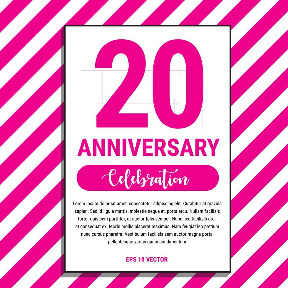 Conception de célébration d'anniversaire de 20 ans, sur l'illustration vectorielle de fond à rayures roses. vecteur eps10