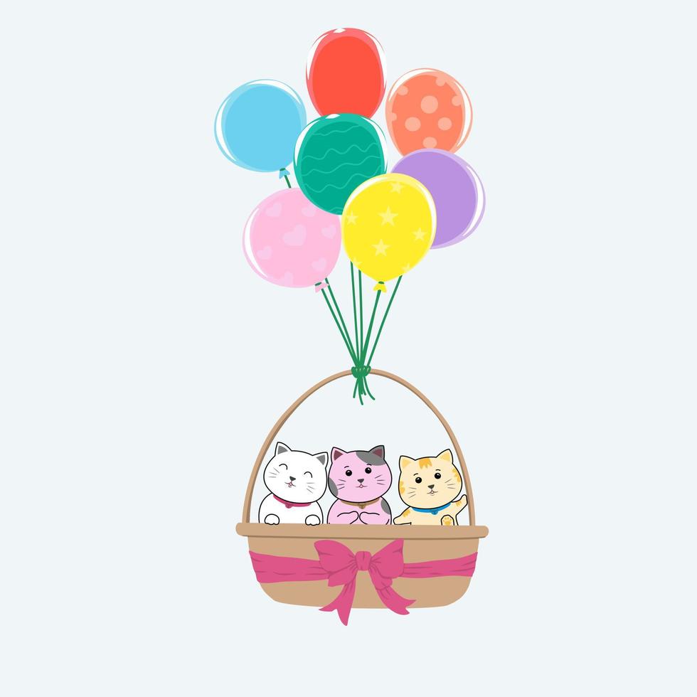 dessin de personnage de dessin animé vectoriel de trois chats mignons dans un panier marron avec un arc rose, suspendu à des ballons colorés soufflant sur fond de ciel bleu, pour un cadeau ou des cadeaux