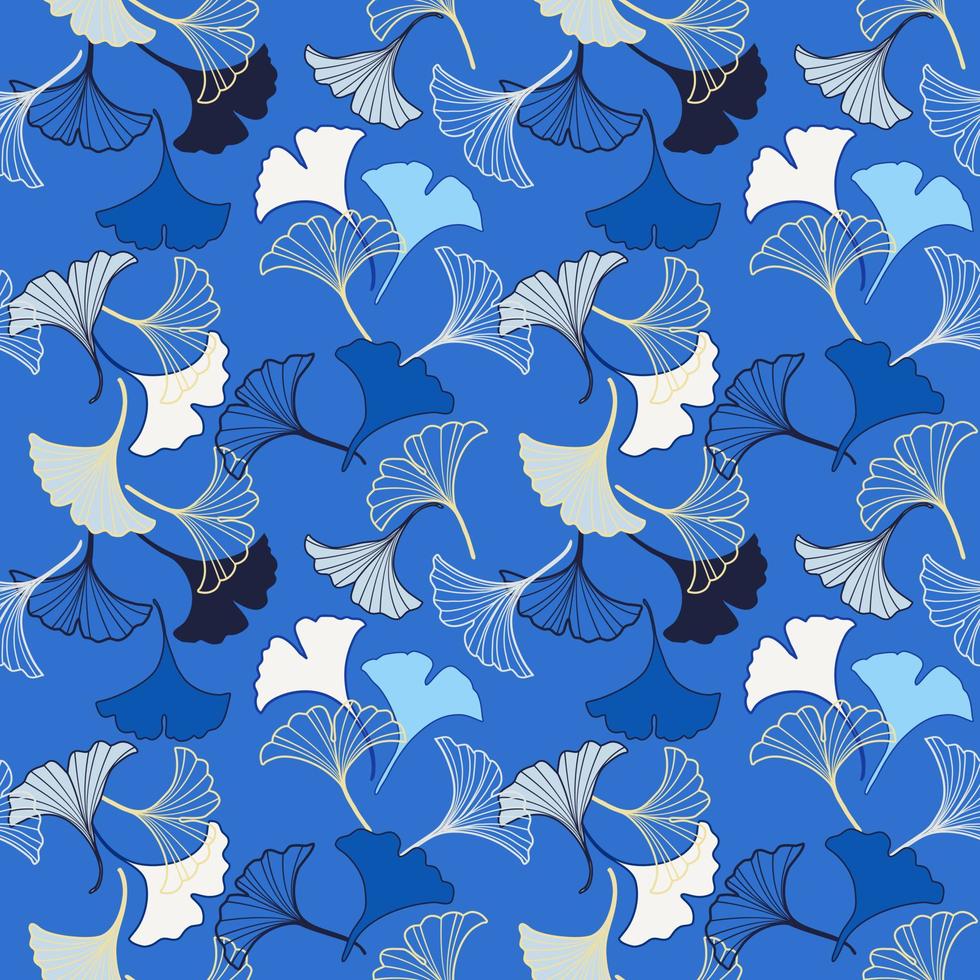 modèle sans couture de vecteur avec des feuilles de ginkgo bleu et blanc tombant, illustration abstraite feuille d'automne dessin sur fond bleu pour l'impression de textiles de tissu de mode, papier peint et emballage de papier