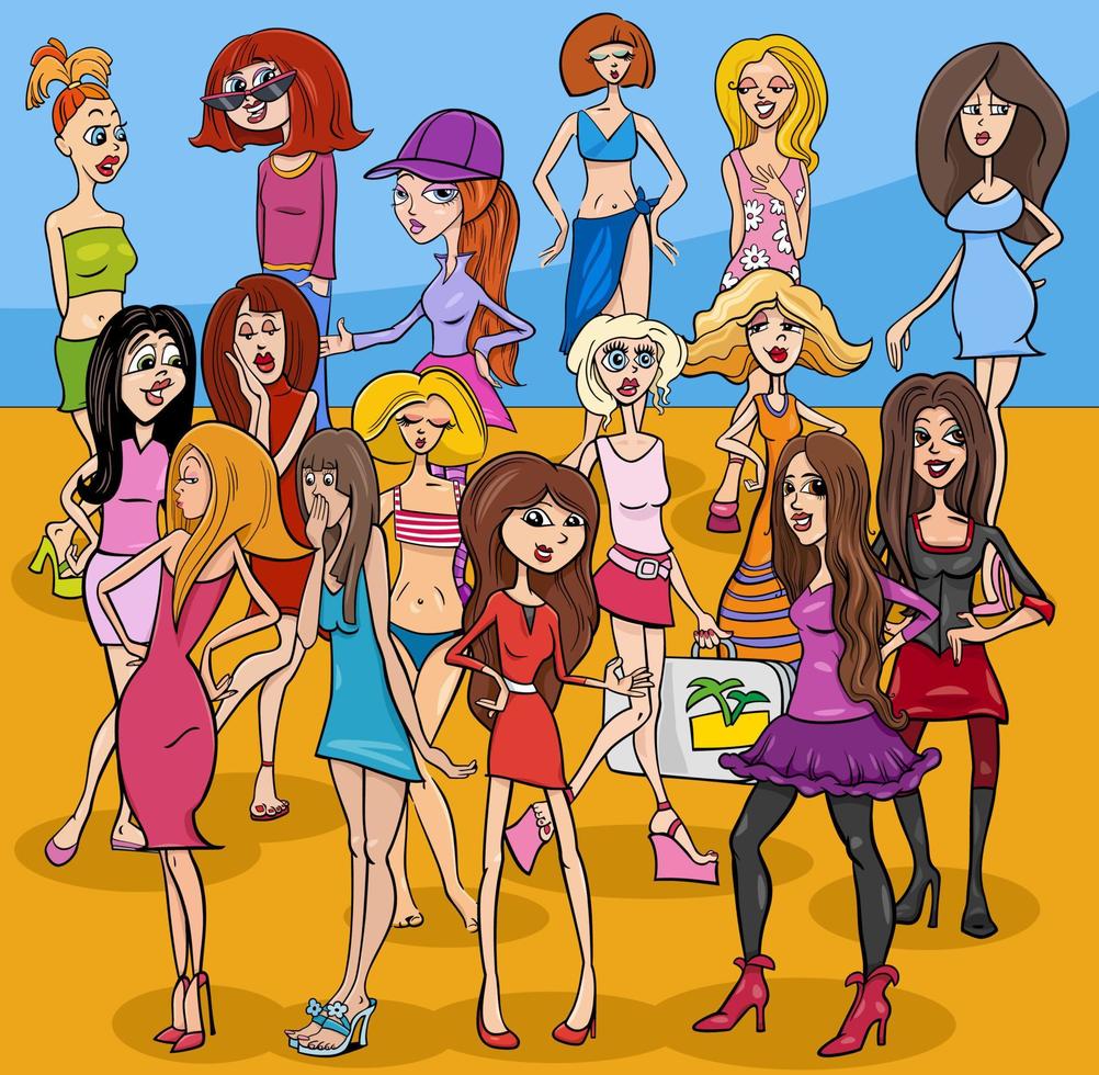 groupe de personnages de jolies filles ou femmes de dessin animé vecteur