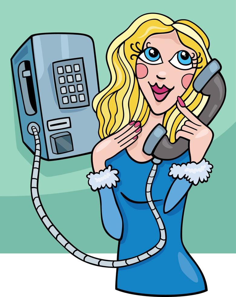 dessin animé jeune femme parlant sur un vieux téléphone public vecteur