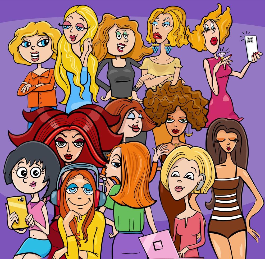 dessin animé filles ou femmes groupe de personnages de bandes dessinées vecteur