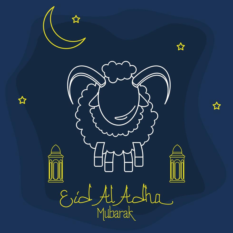 vecteur modifiable de moutons et de lanternes arabes debout dans le style de contour avec illustration de scène de ciel étoilé encadré pour les éléments d'illustration de l'aïd al-adha ou du concept de conception du festival sacré islamique