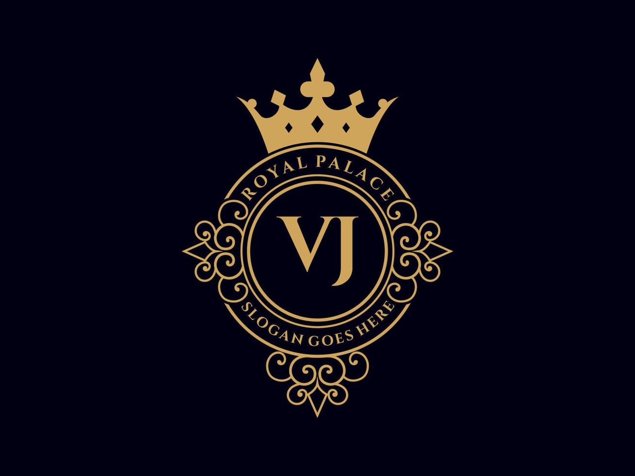 lettre vj logo victorien de luxe royal antique avec cadre ornemental. vecteur