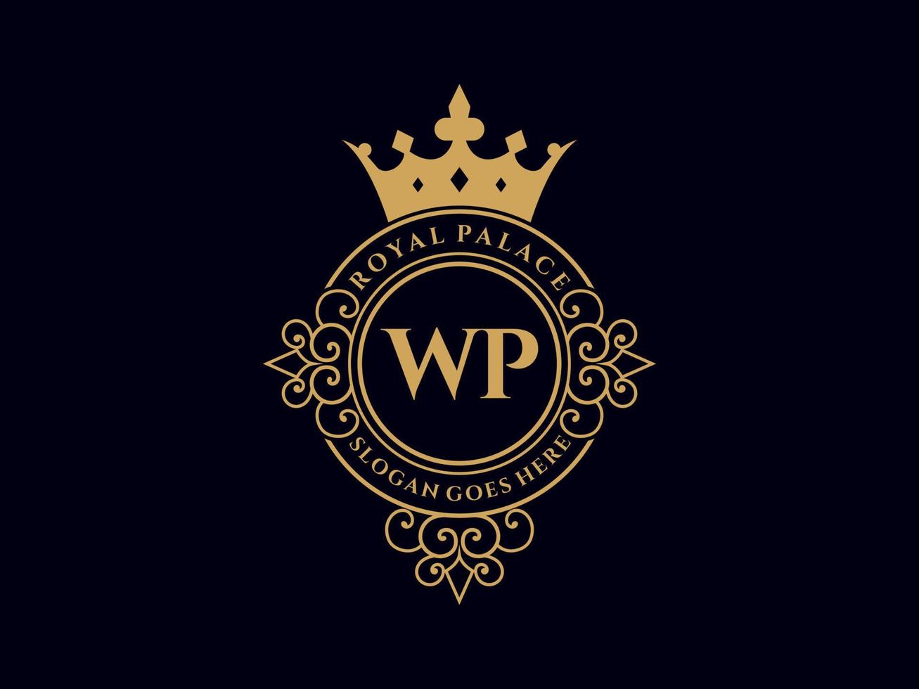 lettre wp logo victorien de luxe royal antique avec cadre ornemental. vecteur