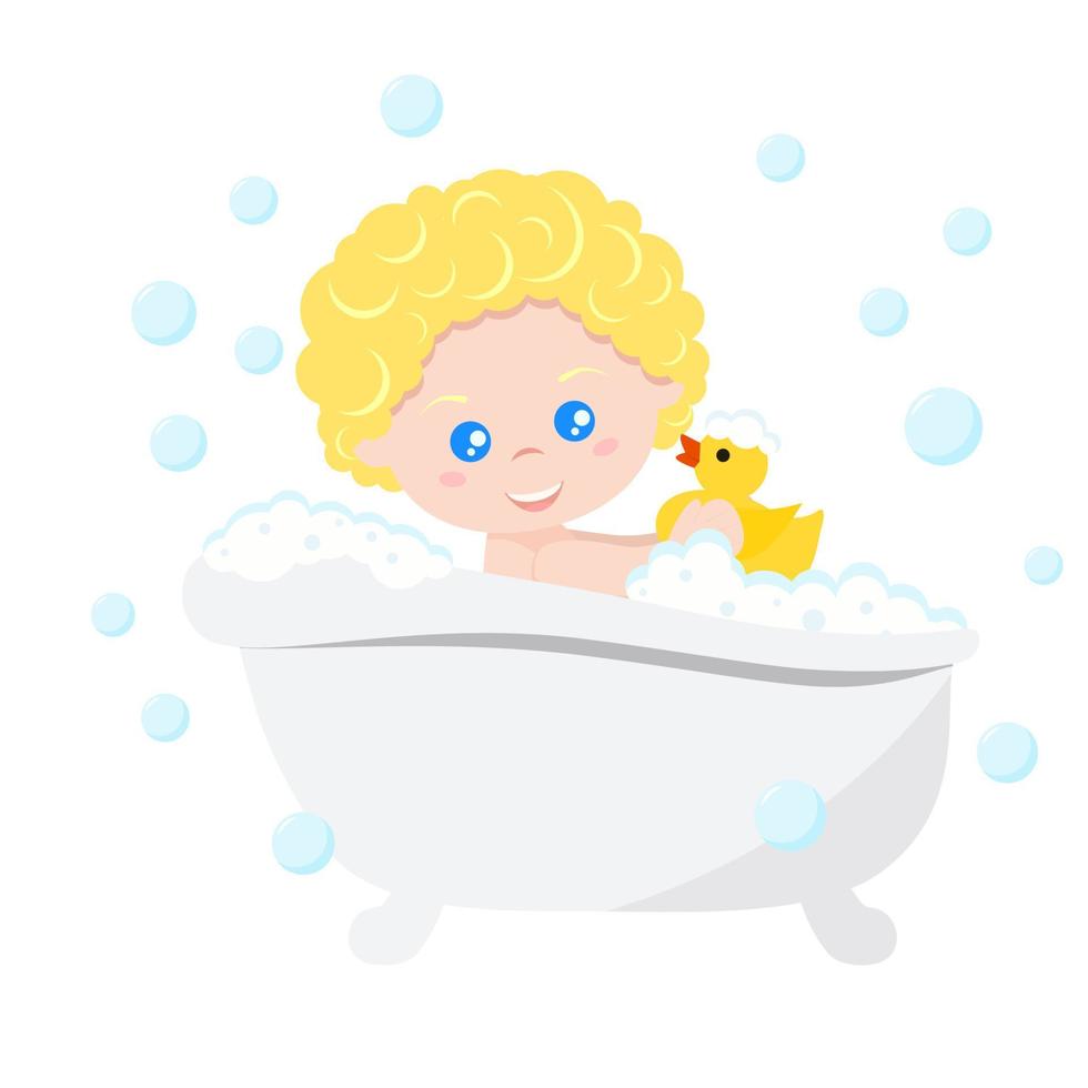 bébé prenant un bain jouant avec des bulles de mousse et un canard en caoutchouc jaune. vecteur