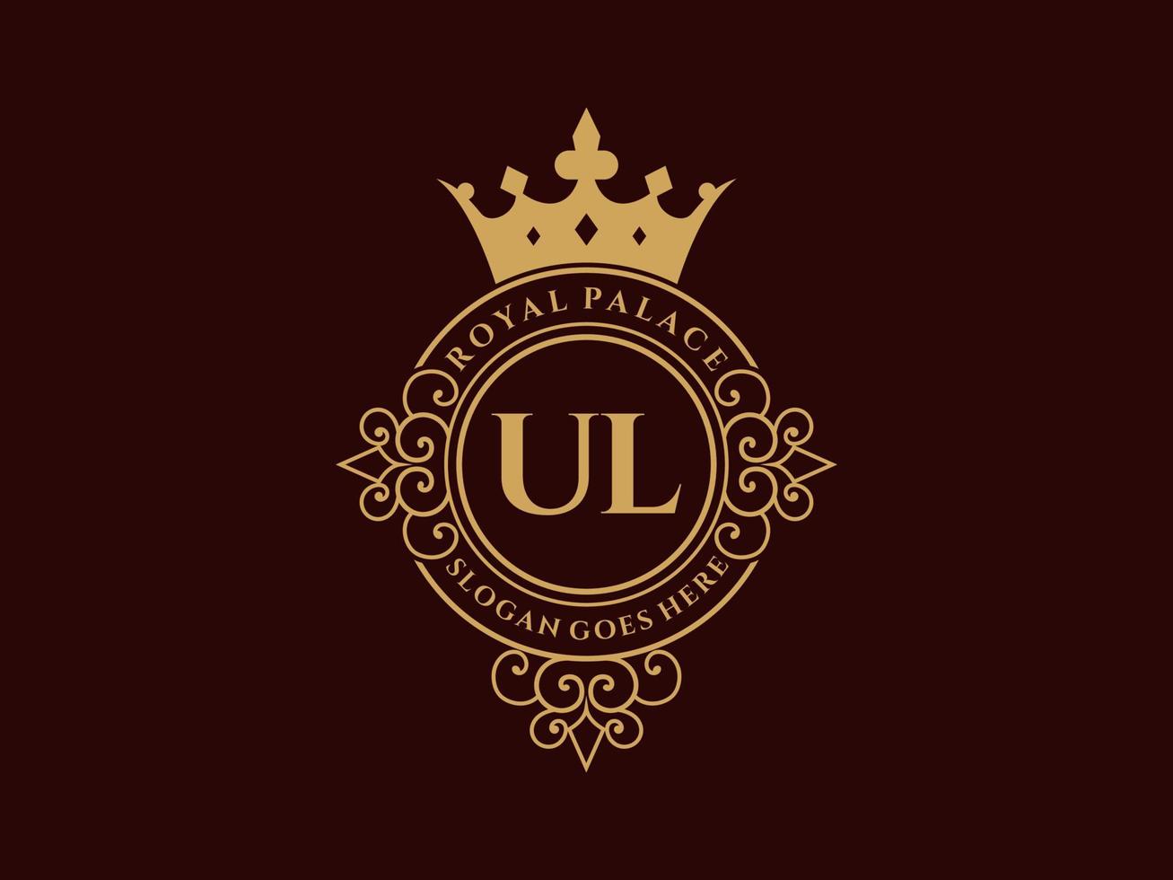 lettre ul logo victorien de luxe royal antique avec cadre ornemental. vecteur