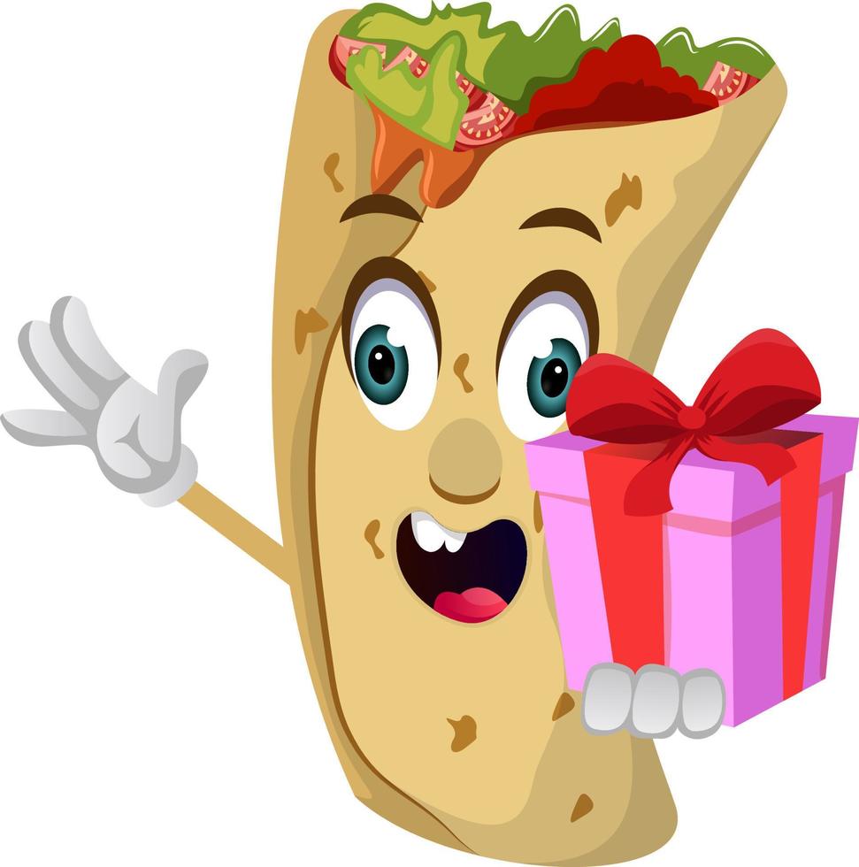 burrito avec cadeau d'anniversaire, illustration, vecteur sur fond blanc.