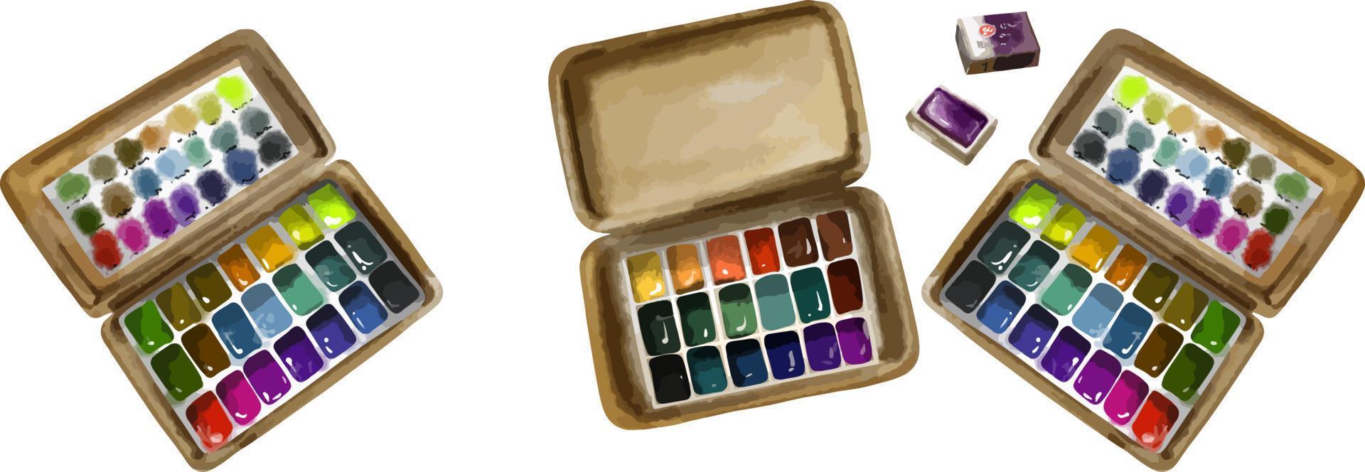 palette de peinture, cuvette avec peintures, gouache ou aquarelle, style cartoon. illustration vectorielle moderne à la mode isolée sur fond blanc, dessinée à la main vecteur